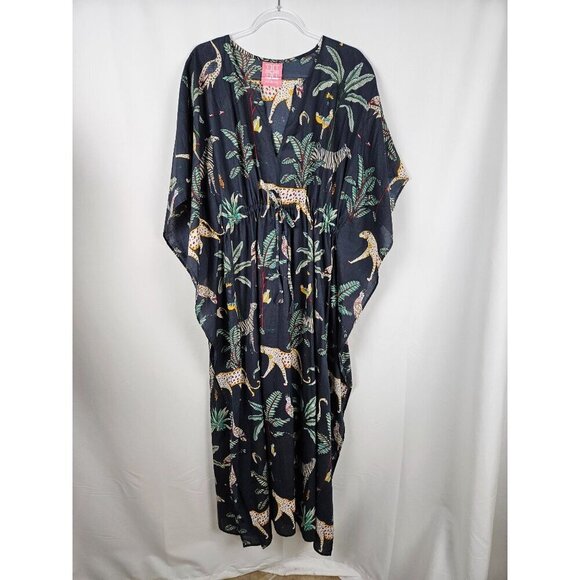 Just Darving Jungly Kaftan Dress Navy Exotic Animal Print & Palm Leaves One Size - Picture 4 of 15